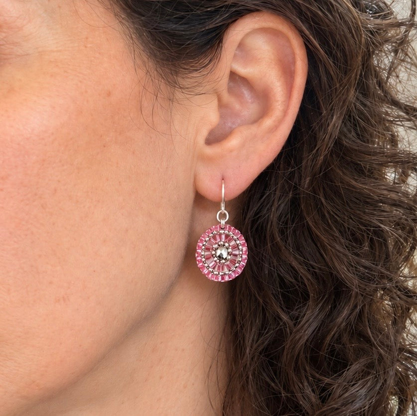 Silver & Pink Bead Woven Oval Earrings