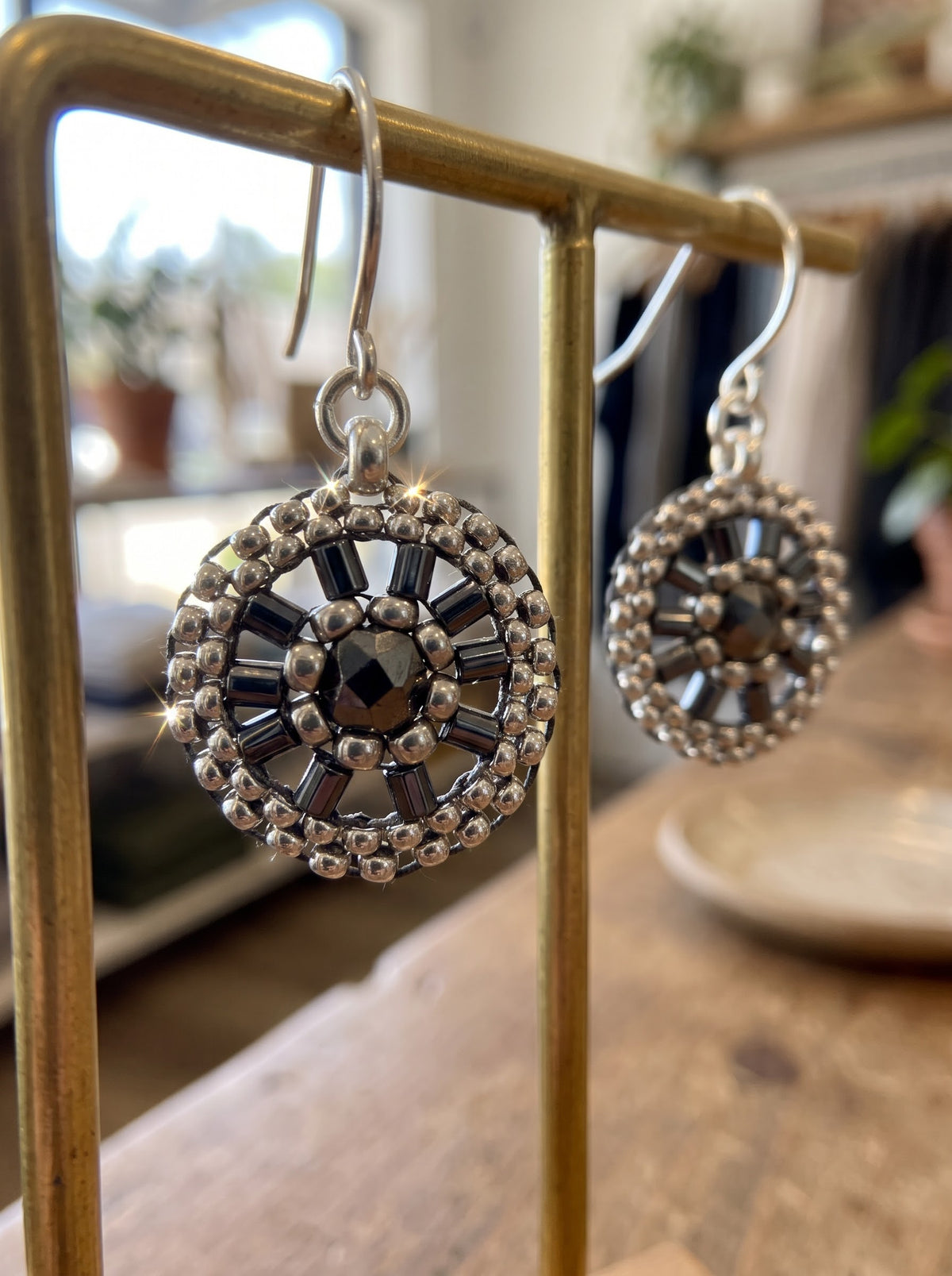 Silver & Black Bead Woven Oval Earrings