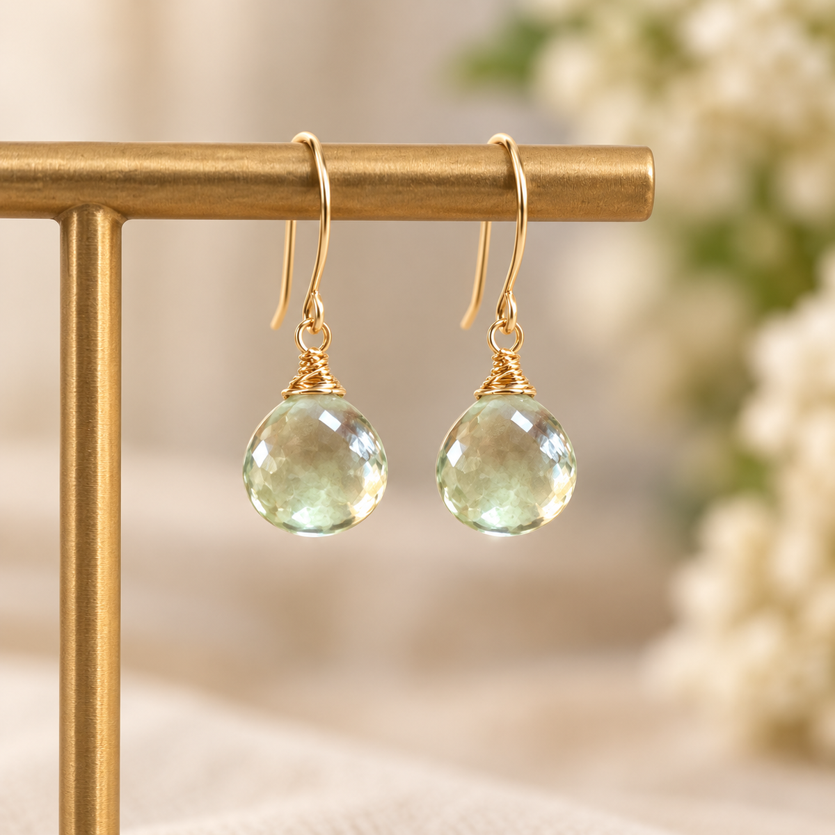 Genuine Green Amethyst Drop Earrings, Gold-Filled Wire Wrapped