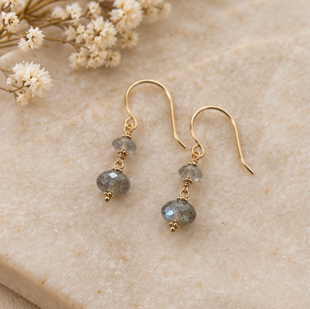 2-Tier Labradorite Drop Earrings with 14k gold beads