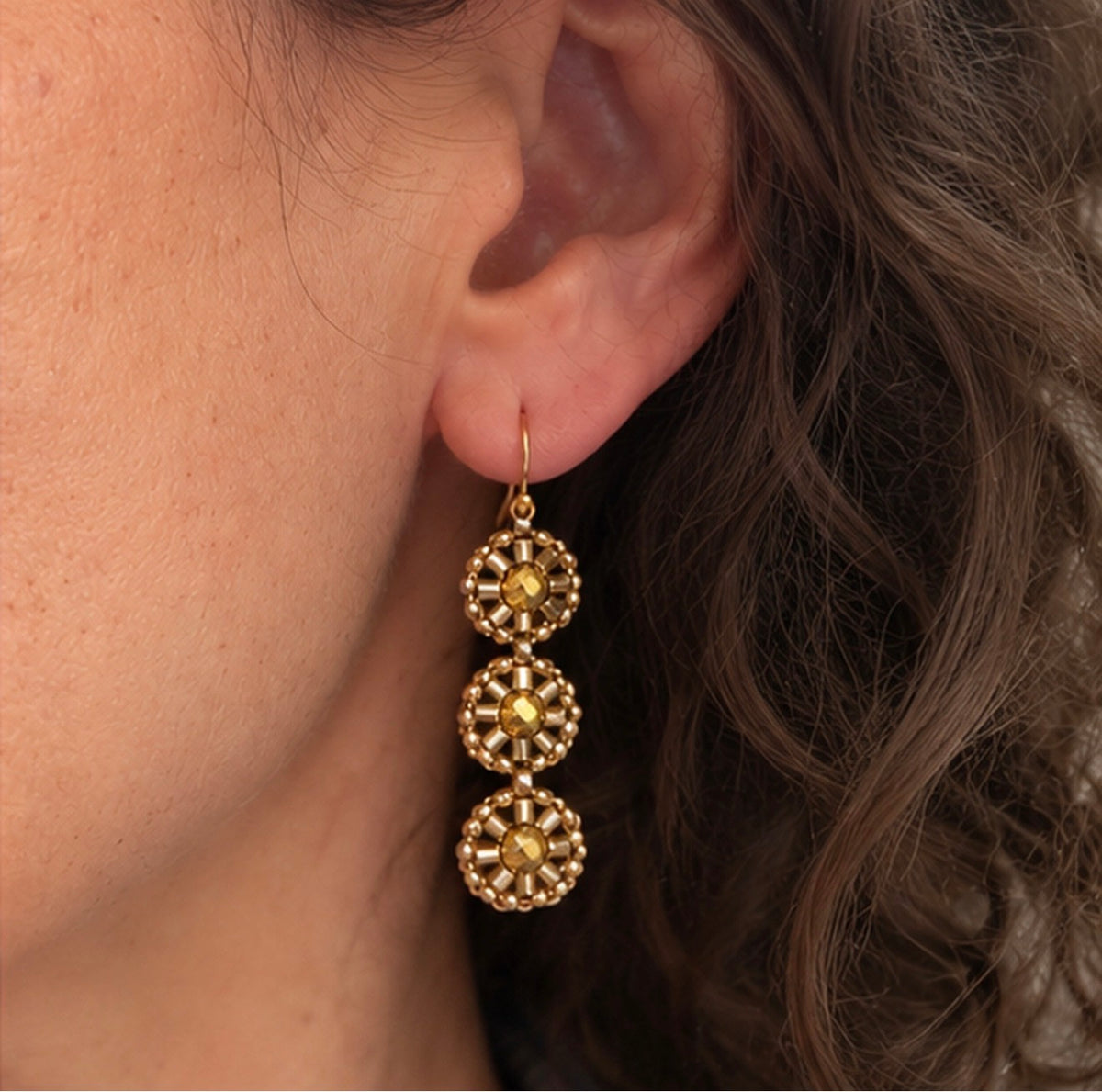 Gold & Miyuki 3-Tier Glass Woven Oval Earrings