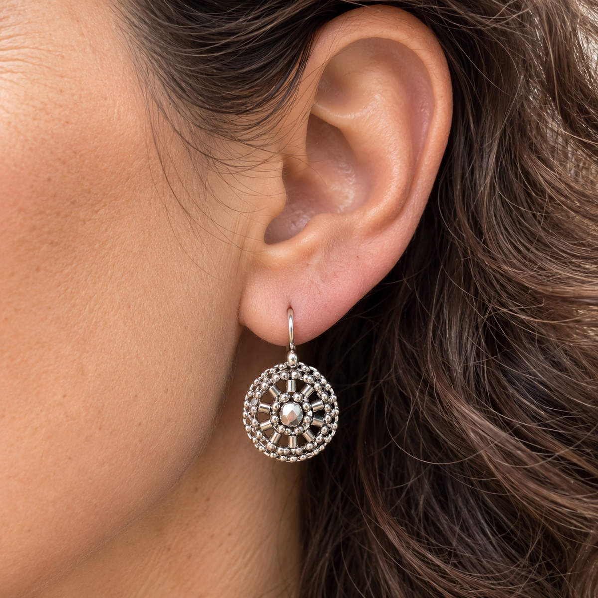 Silver Bead Woven Oval Earrings