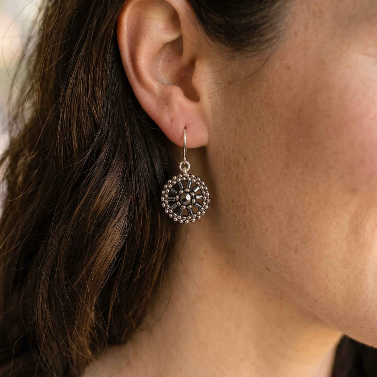 Silver & Black Bead Woven Oval Earrings