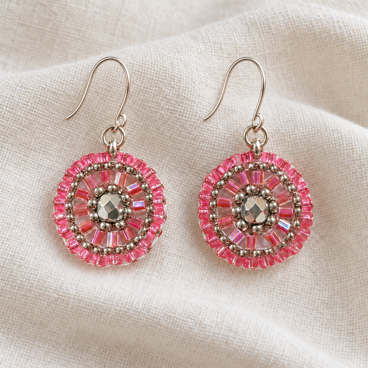 Silver & Pink Bead Woven Oval Earrings