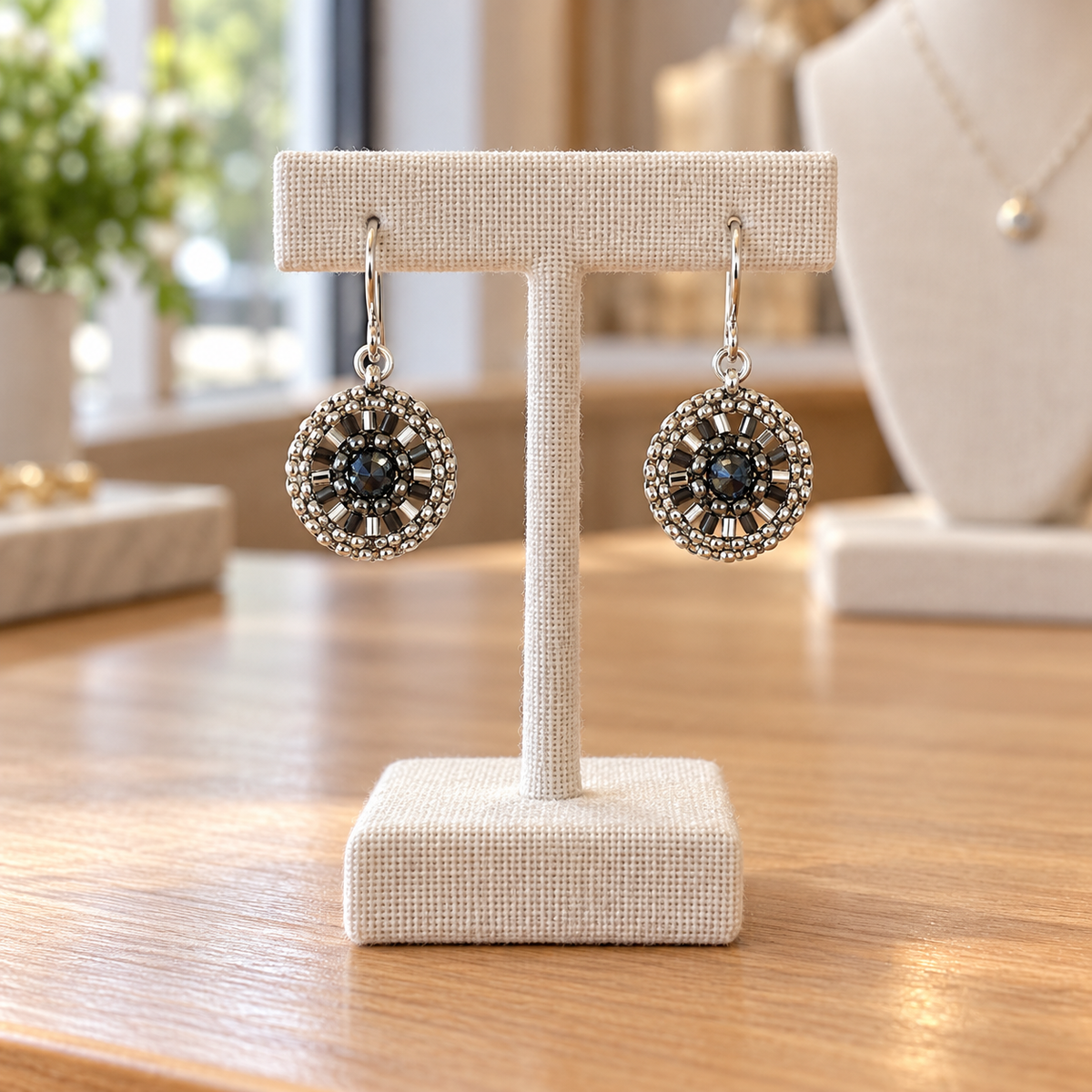 Silver & Miyuki Glass Woven Oval Earrings