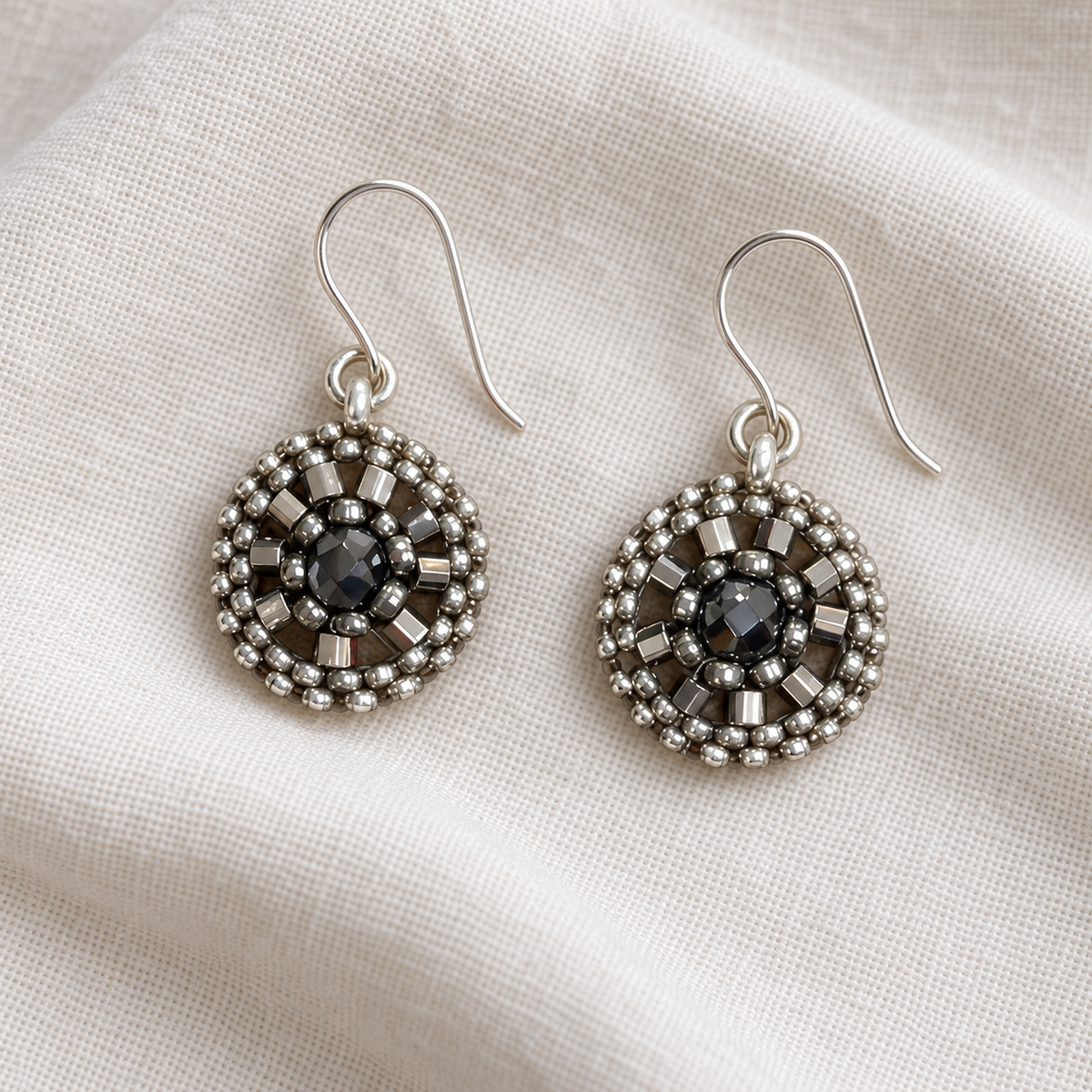 Silver & Miyuki Glass Woven Oval Earrings