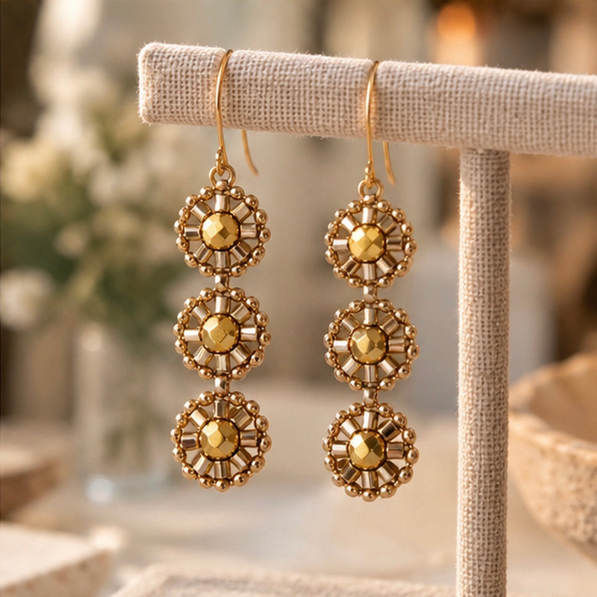 Gold & Miyuki 3-Tier Glass Woven Oval Earrings