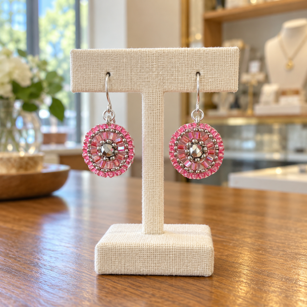 Silver & Pink Bead Woven Oval Earrings