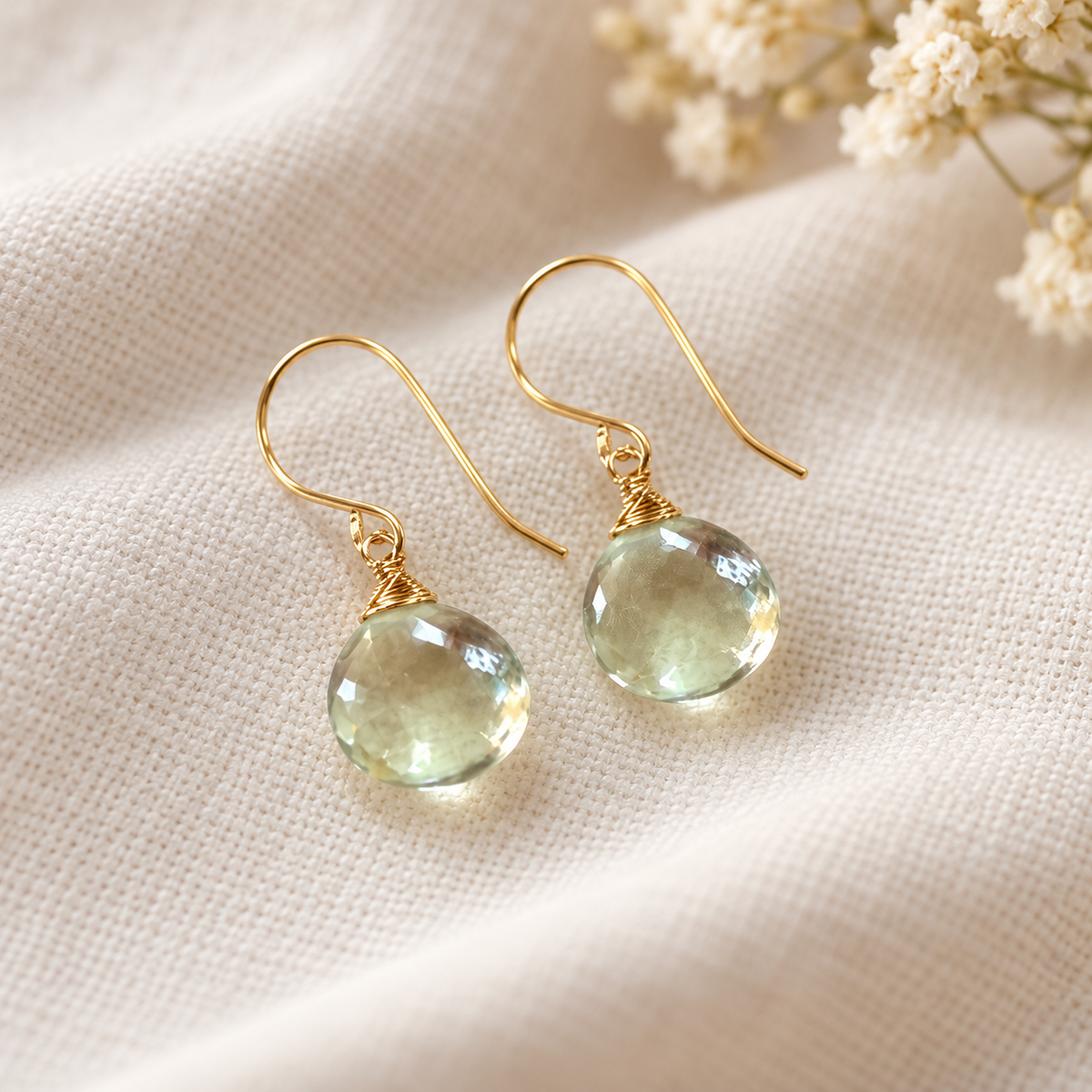Genuine Green Amethyst Drop Earrings, Gold-Filled Wire Wrapped