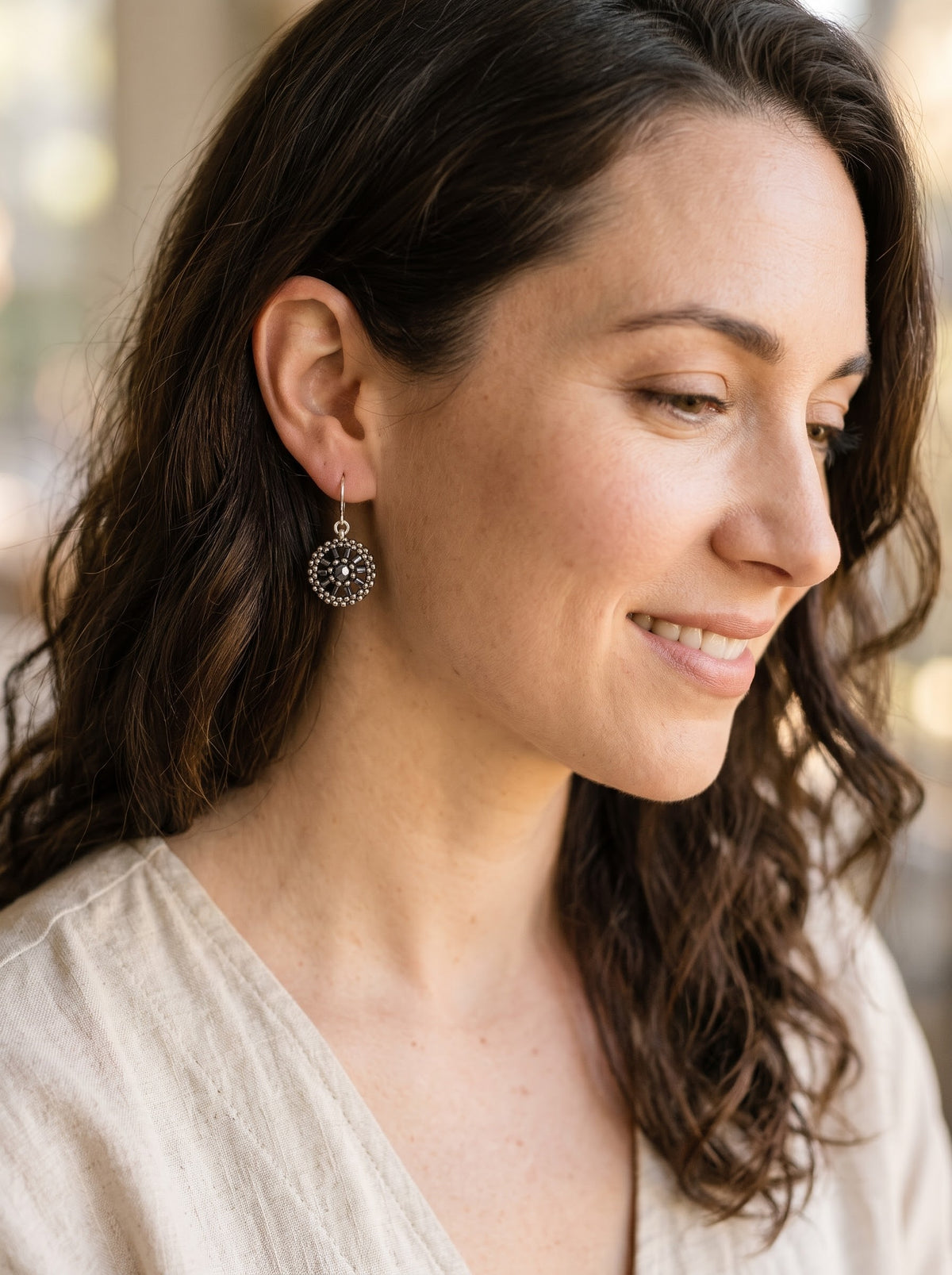 Silver & Black Bead Woven Oval Earrings