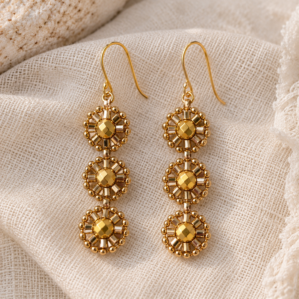 Gold & Miyuki 3-Tier Glass Woven Oval Earrings