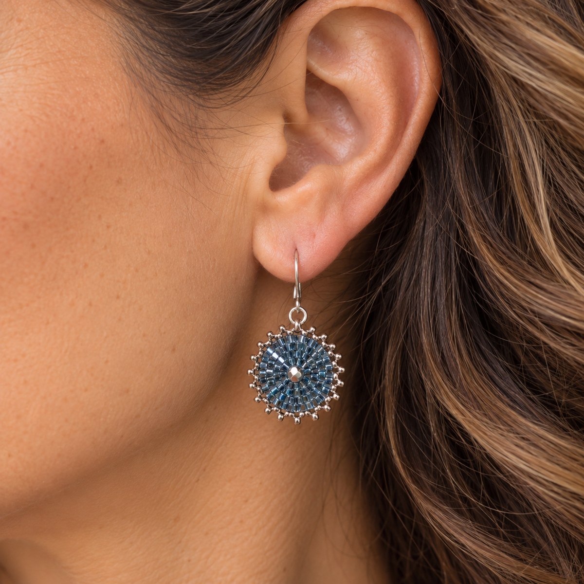 Silver and Blue Bead Woven Earrings